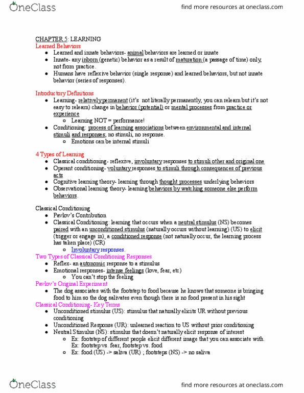 PSY 100 Lecture Notes - Lecture 5: Doorbell, Operant Conditioning Chamber, Motivation thumbnail