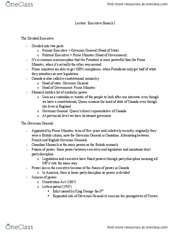 POLS 2910 Lecture Notes - Lecture 8: Brian Mulroney, Justin Trudeau, Monarchy Of Canada thumbnail