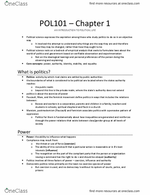 POL 101 Chapter Notes - Chapter 1: Gender Equality, Distinct Society, Liberal Democracy thumbnail