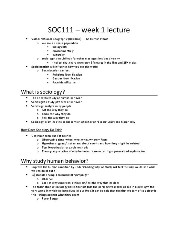 SOC 111 Lecture Notes - Lecture 1: Human Planet, Video Lesson, Human Behavior thumbnail