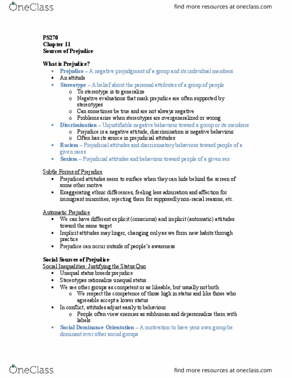 PS270 Chapter Notes - Chapter 11: Illusory Correlation, Authoritarianism, Authoritarian Personality thumbnail