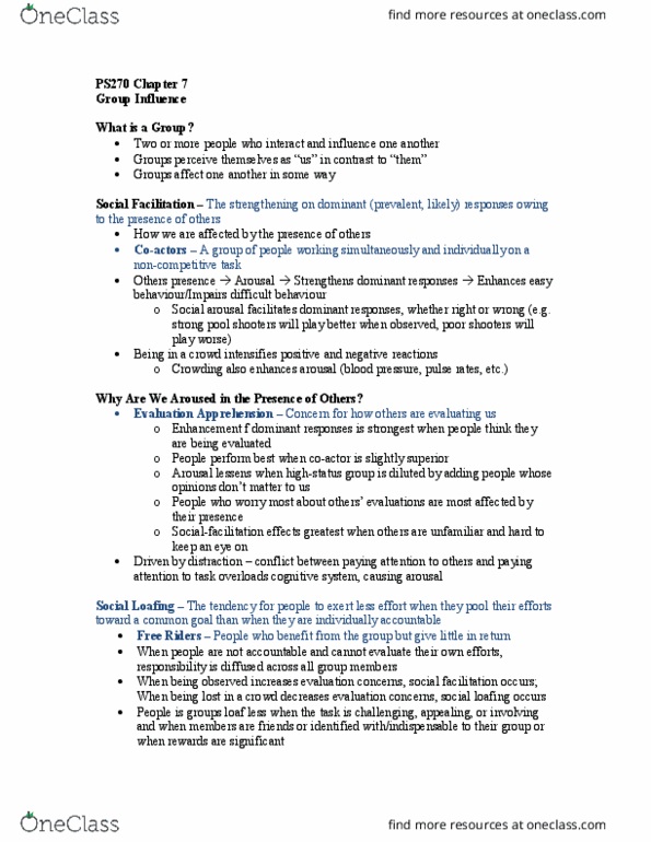 PS270 Chapter Notes - Chapter 7: Social Comparison Theory, Social Proof, Groupthink thumbnail