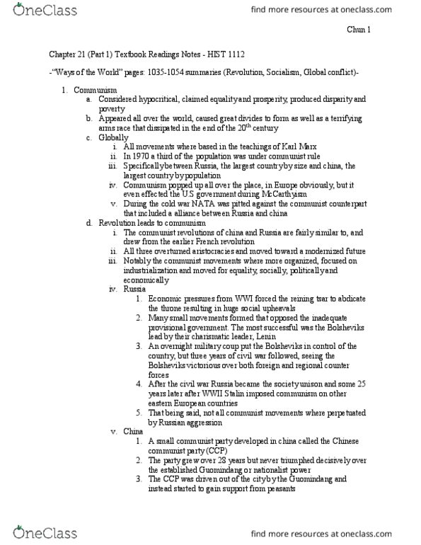 HIST 1112 Chapter Notes - Chapter 21 (part1): Mao Zedong, Kuomintang, Reining thumbnail