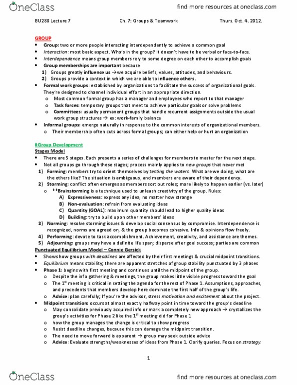 BU288 Lecture Notes - Lecture 7: Social Loafing, Job Performance, Informa thumbnail