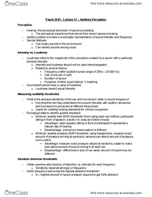 PSYCH 2E03 Lecture Notes - Lecture 17: Wave, Basilar Membrane, Musical Tone thumbnail