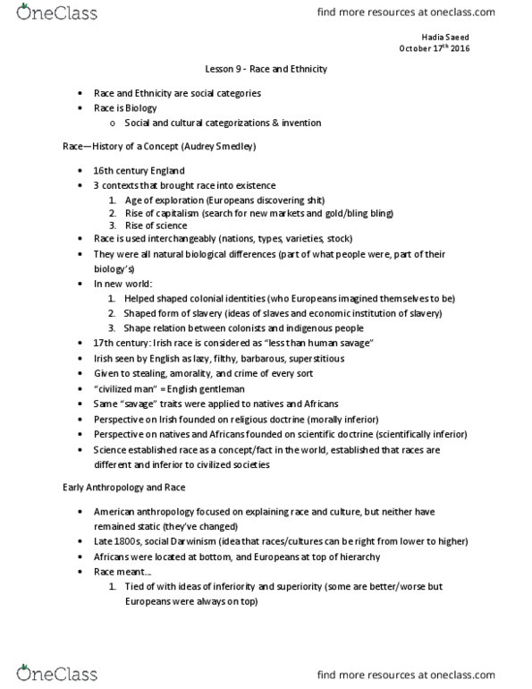 ANT102H5 Lecture Notes - Lecture 9: Cultural Relativism, African Diaspora, Social Darwinism thumbnail