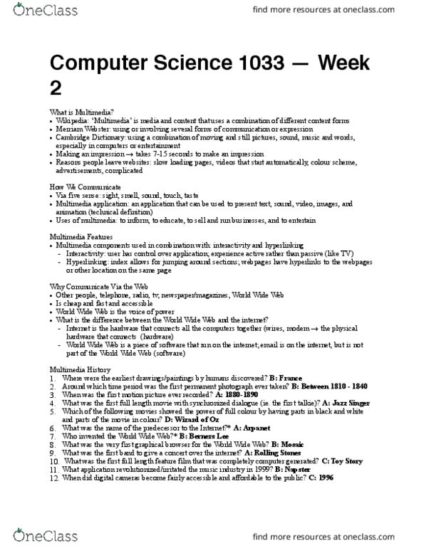 Computer Science 1033A/B Lecture Notes - Lecture 2: Tim Berners-Lee, Johannes Gutenberg, Graph Paper thumbnail