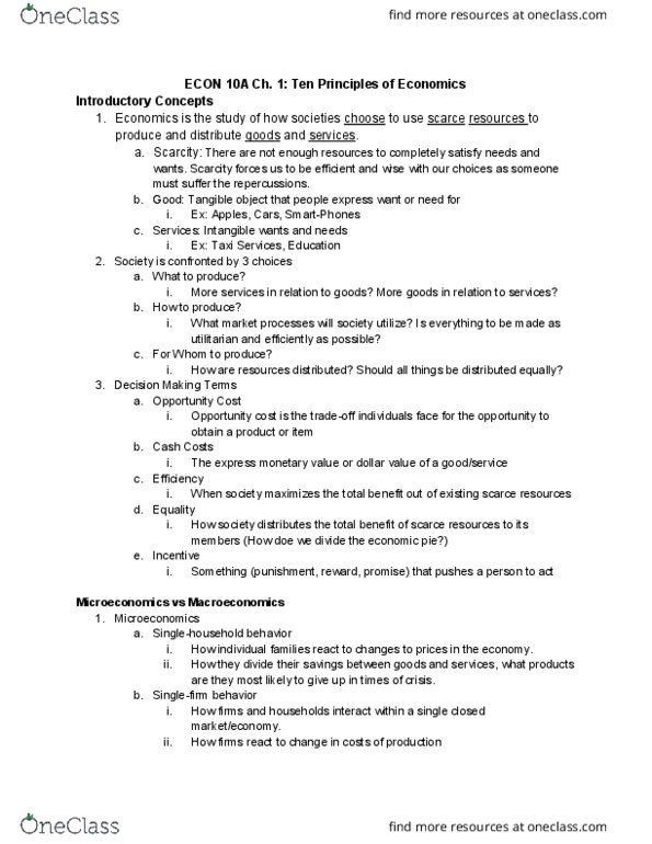 ECON 10a Lecture Notes - Lecture 1: Opportunity Cost, Market Failure thumbnail