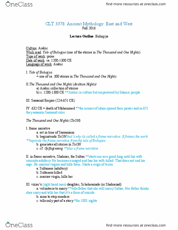 CLT-3378 Lecture Notes - Lecture 12: Utnapishtim, Gylfaginning, Scheherazade thumbnail