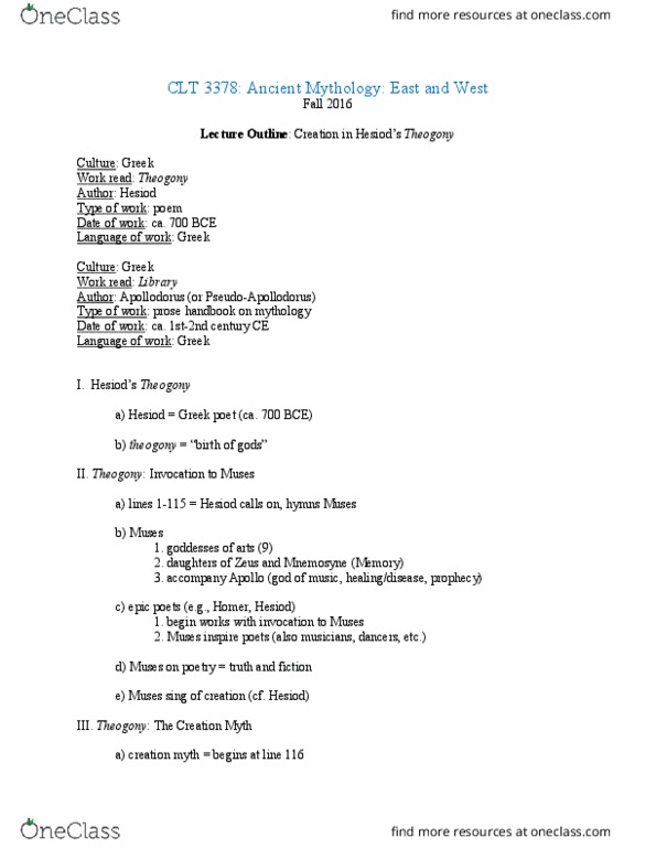 CLT-3378 Lecture Notes - Lecture 6: Erinyes, Delphyne, Kumarbi thumbnail