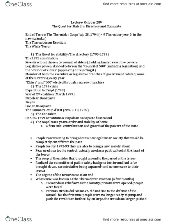 History 1401E Lecture Notes - Lecture 8: Thermidor, Legislature thumbnail