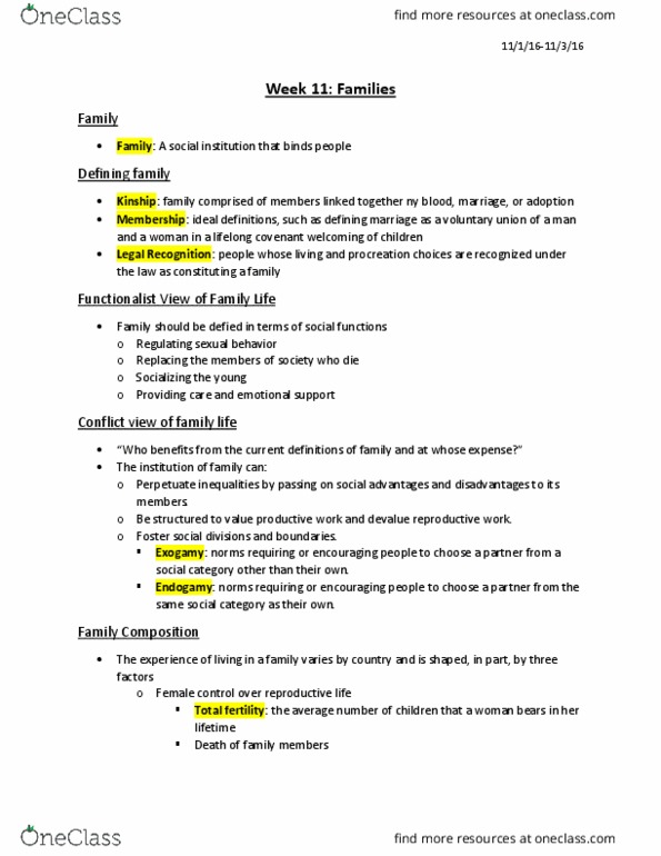 SYG 2000 Lecture Notes - Lecture 24: Endogamy, Exogamy, Family Therapy thumbnail