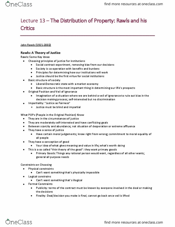 Political Science 1020E Lecture Notes - Lecture 13: Equal Opportunity, Justice As Fairness, Risk Aversion thumbnail