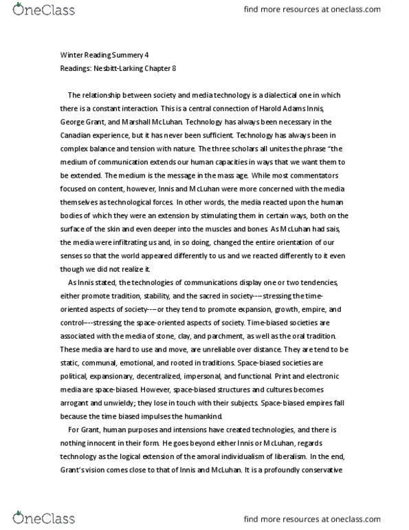 COMN 2200 Lecture Notes - Lecture 3: Print Culture, Harold Innis, Marshall Mcluhan thumbnail