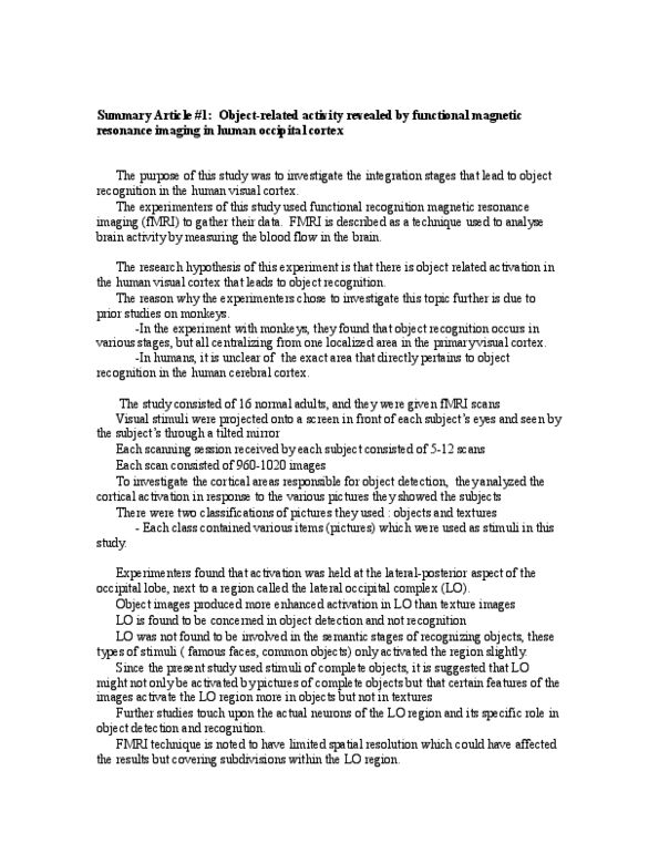 PSYD50H3 Lecture Notes - Functional Magnetic Resonance Imaging, Visual Cortex, Cerebral Cortex thumbnail