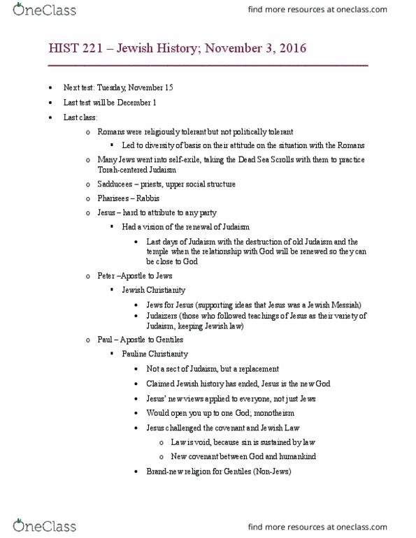 HIST 221 Lecture Notes - Lecture 13: Messiah In Judaism, Pauline Christianity, Jewish Christian thumbnail