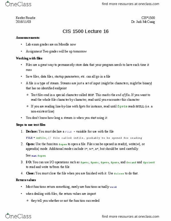 CIS 1500 Lecture Notes - Lecture 16: Text Editor, Plaintext, Textedit thumbnail