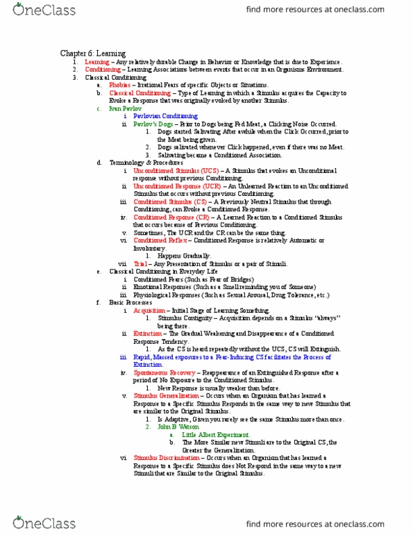 PS101 Lecture Notes - Lecture 6: Reinforcement, Stimulant, Observational Learning thumbnail