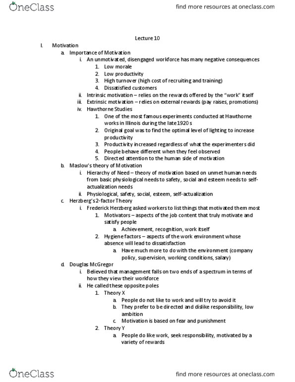 MGMT 1 Lecture Notes - Lecture 13: William Ouchi, Frederick Herzberg, Expectancy Theory thumbnail