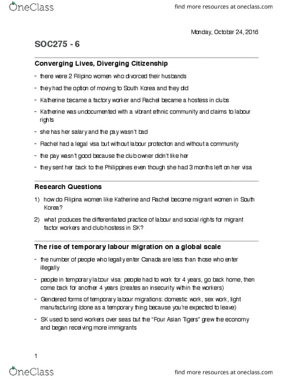 SOC275H5 Lecture Notes - Lecture 6: Illegal Immigration, Labor Rights, Participant Observation thumbnail