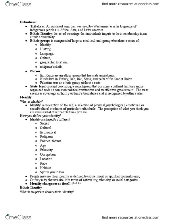 GEOG 130 Lecture Notes - Lecture 11: Ethnic Group, Tribalism, Socioeconomic Status thumbnail