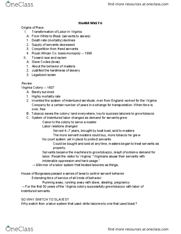 HISTORY 40A Lecture Notes - Lecture 16: Indentured Servant, Royal African Company thumbnail