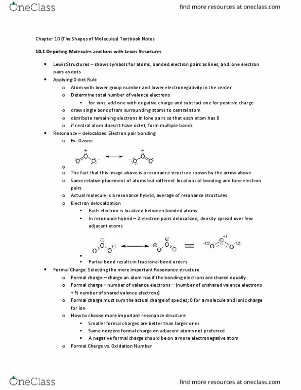 CHEM 1410 Chapter Notes - Chapter 10.1: Oxidation State, Unpaired Electron, Formal Charge thumbnail