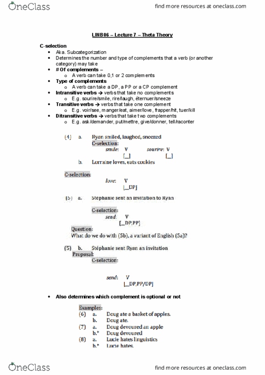 LINB06H3 Lecture Notes - Lecture 7: Ditransitive Verb, Subcategorization, Extended Projection Principle thumbnail