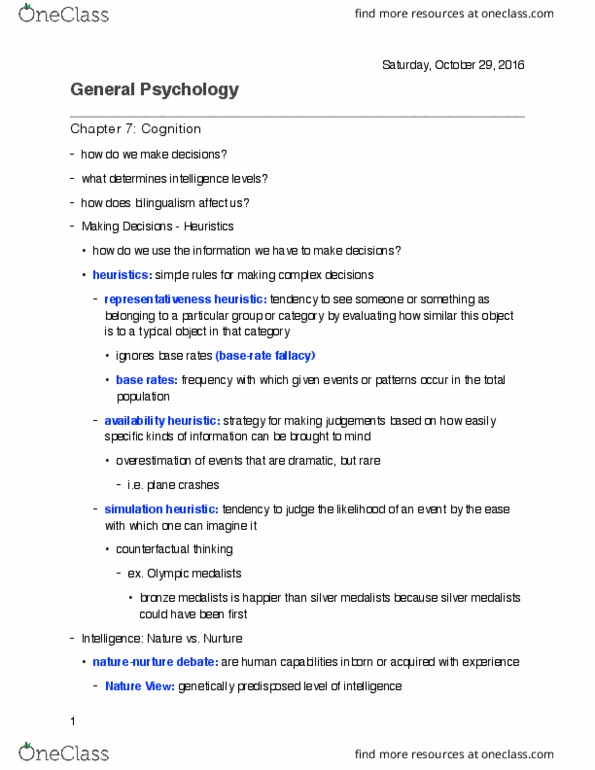 01:830:101 Lecture Notes - Lecture 13: Representativeness Heuristic, Counterfactual Thinking, Heredity thumbnail