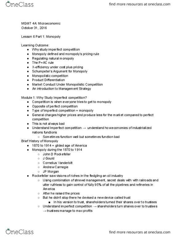 MGMT 4A Lecture Notes - Lecture 16: Market Failure, John D. Rockefeller, Allocative Efficiency thumbnail