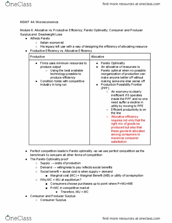 MGMT 4A Lecture Notes - Lecture 15: Pareto Efficiency, Allocative Efficiency, Economic Surplus thumbnail