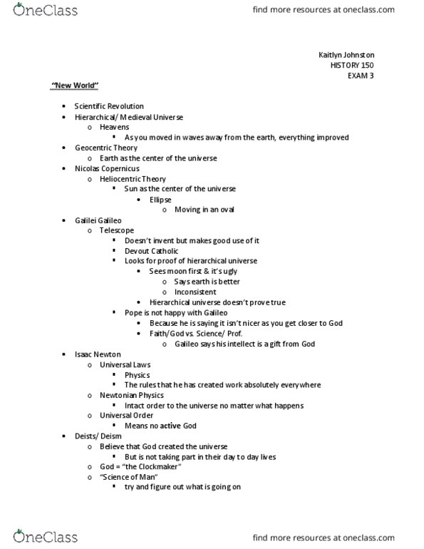 HIST 150 Lecture Notes - Lecture 1: Galileo Galilei, Nicolaus Copernicus, Classical Mechanics thumbnail