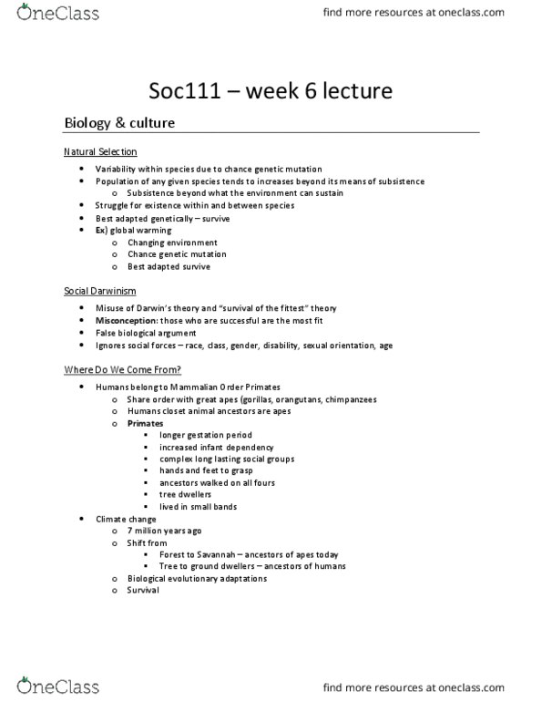 SOC 111 Lecture Notes - Lecture 6: Hominidae, Social Darwinism, Social Forces thumbnail