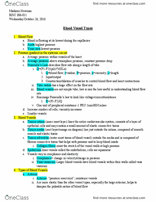 BISC306 Lecture Notes - Lecture 18: Blood Vessel, Pressure Gradient, Circulatory System thumbnail