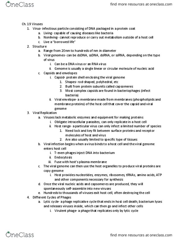 BIL 150 Chapter Notes - Chapter 19: Viral Envelope, Viral Disease, Rna Virus thumbnail