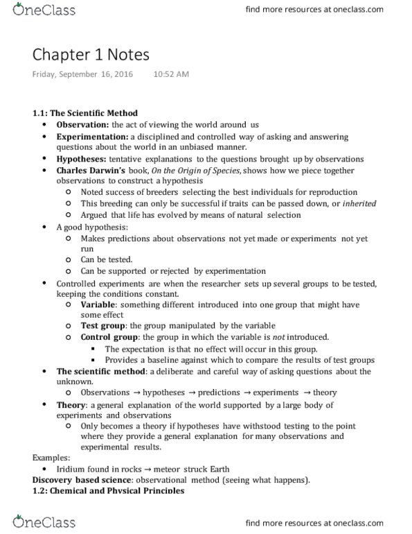 BIOL 1107 Chapter Notes - Chapter 1: Gerald Joyce, Scientific Method, Genetic Variation thumbnail