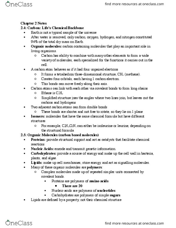 BIOL 1107 Chapter Notes - Chapter 2: Chemical Formula, Carbohydrate, Structural Formula thumbnail