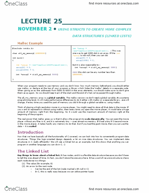 COMP 206 Lecture Notes - Lecture 25: C Dynamic Memory Allocation, Null Pointer, Linked List thumbnail