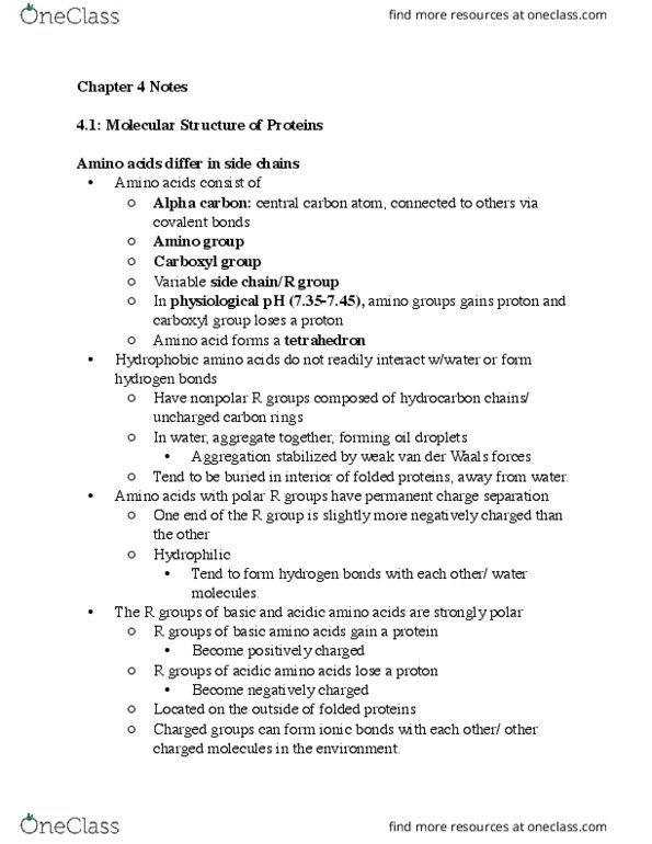 BIOL 1107 Chapter Notes - Chapter 4: Protein Folding, Amine, Hydrophile thumbnail