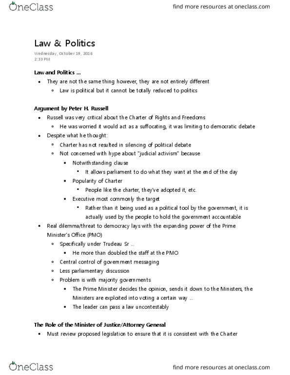 LAWS 2502 Lecture Notes - Lecture 6: Section 33 Of The Canadian Charter Of Rights And Freedoms, Judicial Activism, Majority Government thumbnail