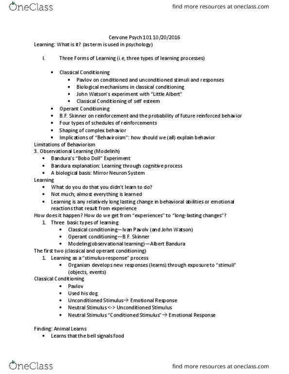 PSCH 100 Lecture Notes - Lecture 18: Albert Bandura, B. F. Skinner, Little Albert Experiment thumbnail