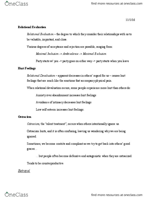 PSYC 334 Lecture Notes - Lecture 15: Silent Treatment, Representational State Transfer, Devaluation thumbnail