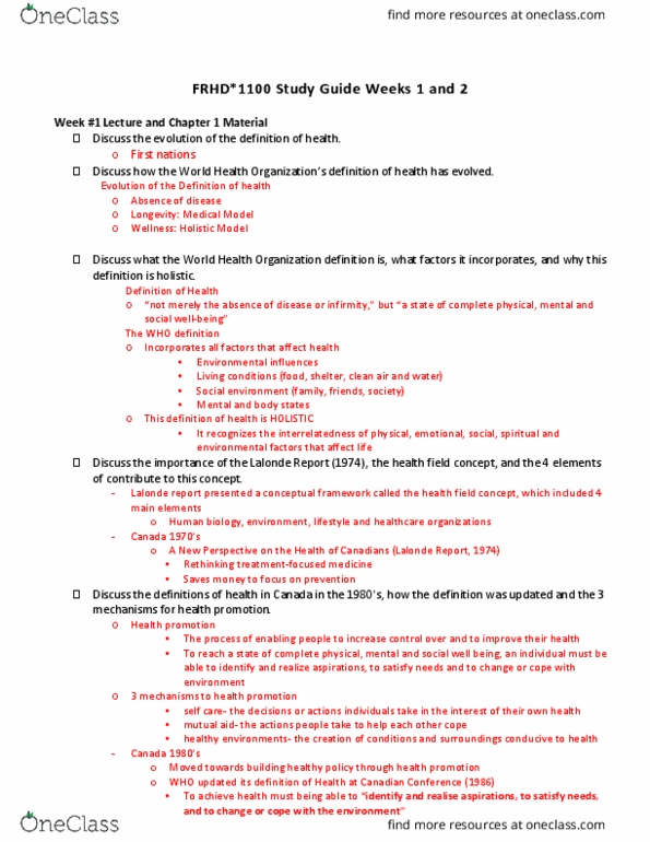 FRHD 1100 Lecture Notes - Lecture 1: World Health Organization, Health Promotion, Health Canada thumbnail