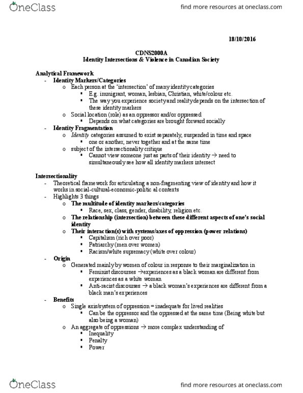 CDNS 2000 Lecture Notes - Lecture 6: Intersectionality, Finding Dawn, Sick Individuals thumbnail