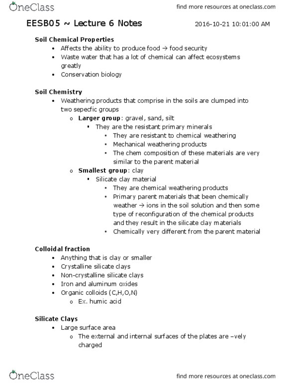 EESB05H3 Lecture Notes - Lecture 6: Parent Material, Soil Chemistry, Conservation Biology thumbnail