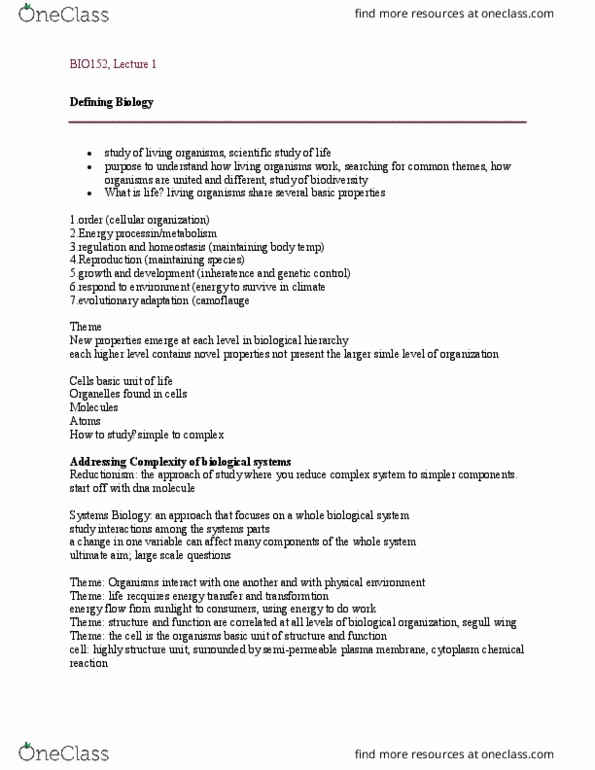 BIO152H5 Lecture Notes - Lecture 1: Homeostasis, Reductionism, Cell Theory thumbnail