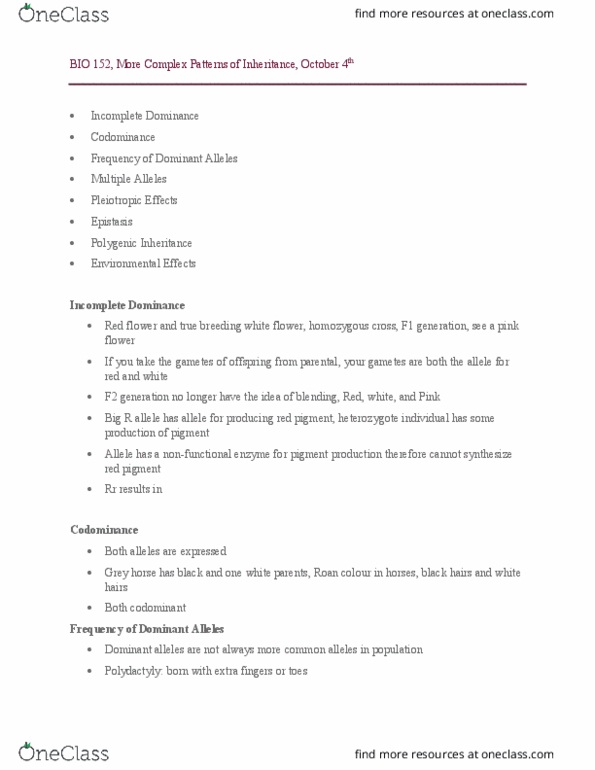 BIO152H5 Lecture Notes - Lecture 7: Epistasis, Allele, Zygosity thumbnail