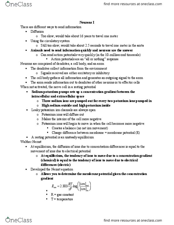 BSCI 207 Lecture Notes - Lecture 26: Threshold Potential, Gas Constant, Sodium Channel thumbnail