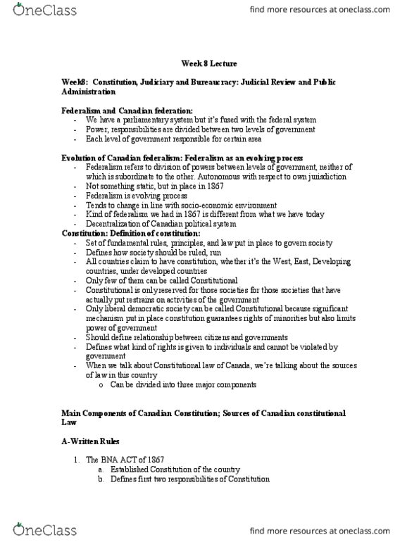POLS 3190 Lecture Notes - Lecture 8: Responsible Government, Provincial And Territorial Courts In Canada, Ultra Vires thumbnail