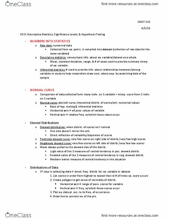 CMST 332 Chapter Notes - Chapter 9: Statistical Inference, Normal Distribution, Central Tendency thumbnail